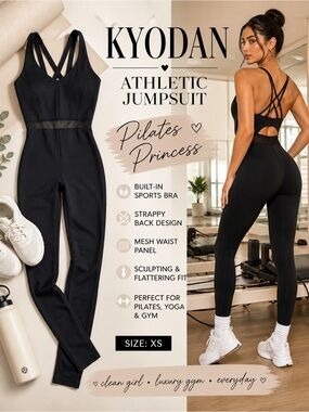 Kyodan Black Athletic Jumpsuit Strappy Back Mesh Waist Sculpting One Piece XS